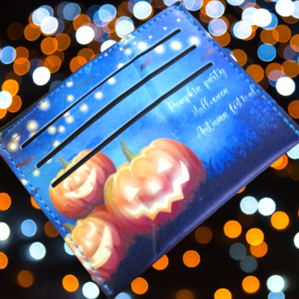 Pumpkin Bats Autumn Credit, ID, Business, Note Card Wallet Unisex Leather Blue